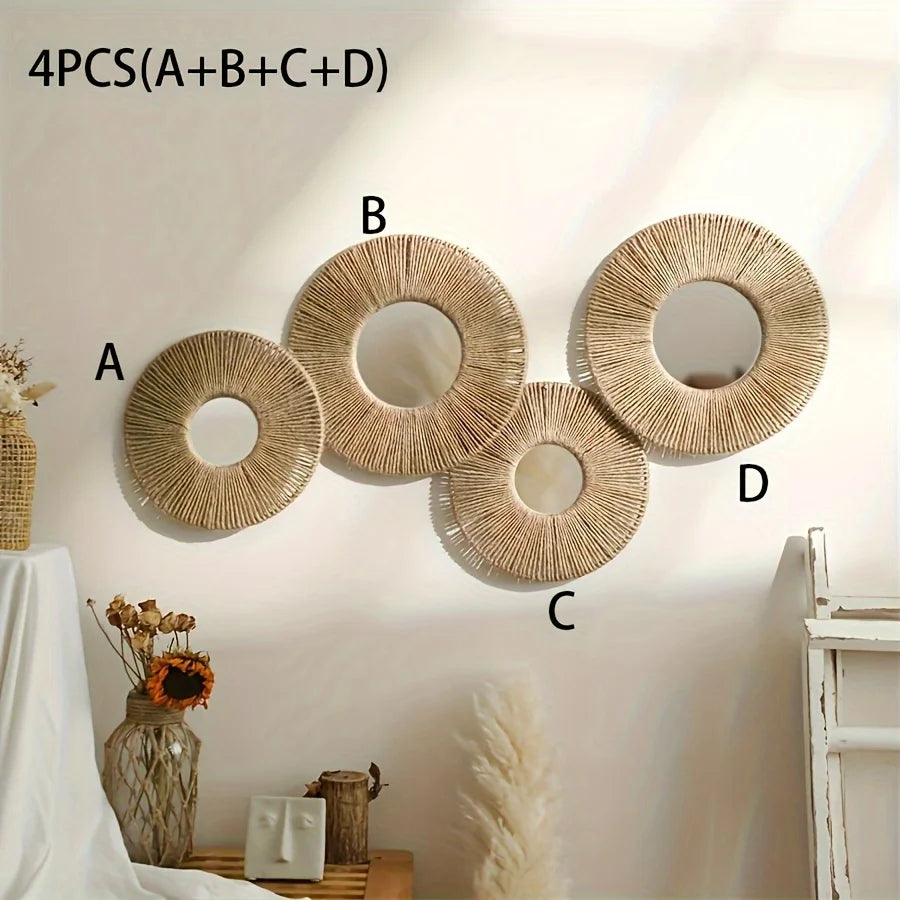 Round Decorative Wall Mirrors Farmhouse Circle Mirror with Hemp Rope Boho Mirrors for Bedroom, Bathroom, Living Room Decor Gift