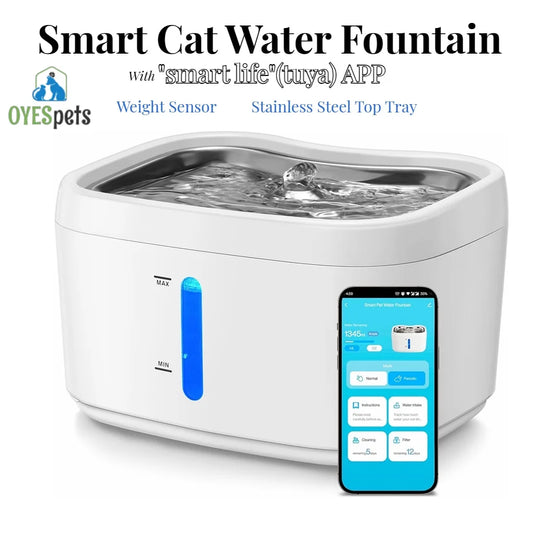 "AquaWhisk Smart Cat Fountain – 2.5L Wireless App-Controlled Pet Water Dispenser with Stainless Steel Tray & Weight Sensor"