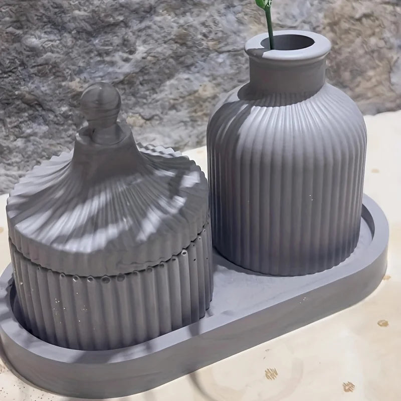 3pcs Round Striped Organizer with Lid Striped Vase and Oval Tray Silicone Mold DIY Plaster Concrete Jewelry Organizer