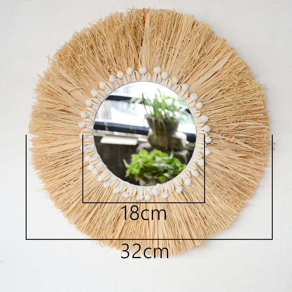 Boho Decor Mirror Nordica Straw Woven Romantic Wedding Wall Acrylic Mirror Wall Decoration Macrame Decotativos Espejo Bedroom