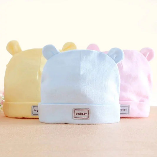 Soft Cotton Newborn Baby Hat – Solid Color Breathable Cap with Bunny Ears for Boys & Girls, Sweat-Absorbent and Comfortable