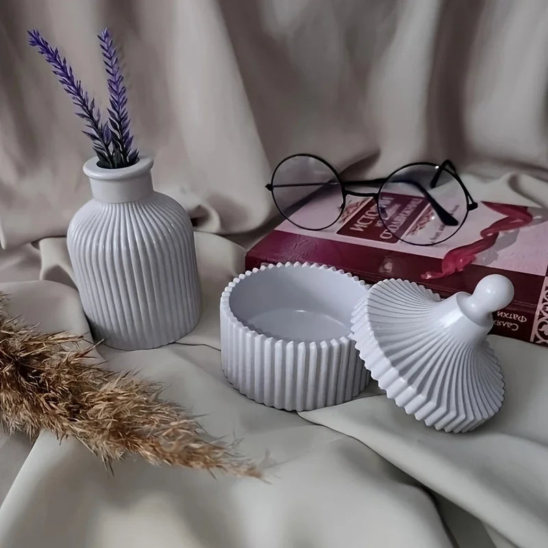 3pcs Round Striped Organizer with Lid Striped Vase and Oval Tray Silicone Mold DIY Plaster Concrete Jewelry Organizer