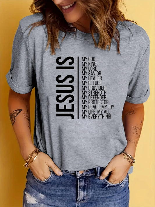 Jesus Is Print Faith Graphic T-Shirt, Short Sleeve Crew Neck Casual Top For Spring & Summer, Women's Clothing