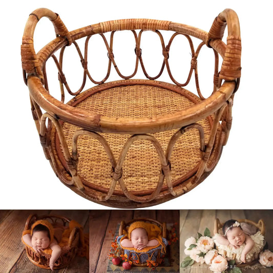 "Handwoven Rattan Baby Basket – Newborn Photo Prop for Studio Sessions & Baby Posing"