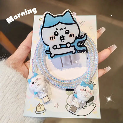 4Pcs/Set Sanrio Chiikawa Cable Protector & Charger Cord Organizer for iPhone 12/13/14/15 – Compatible with 18W/20W Chargers