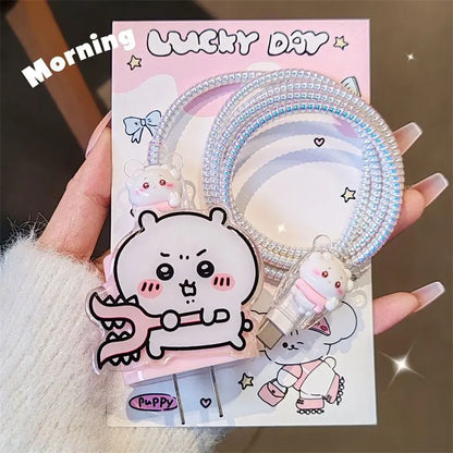 4Pcs/Set Sanrio Chiikawa Cable Protector & Charger Cord Organizer for iPhone 12/13/14/15 – Compatible with 18W/20W Chargers