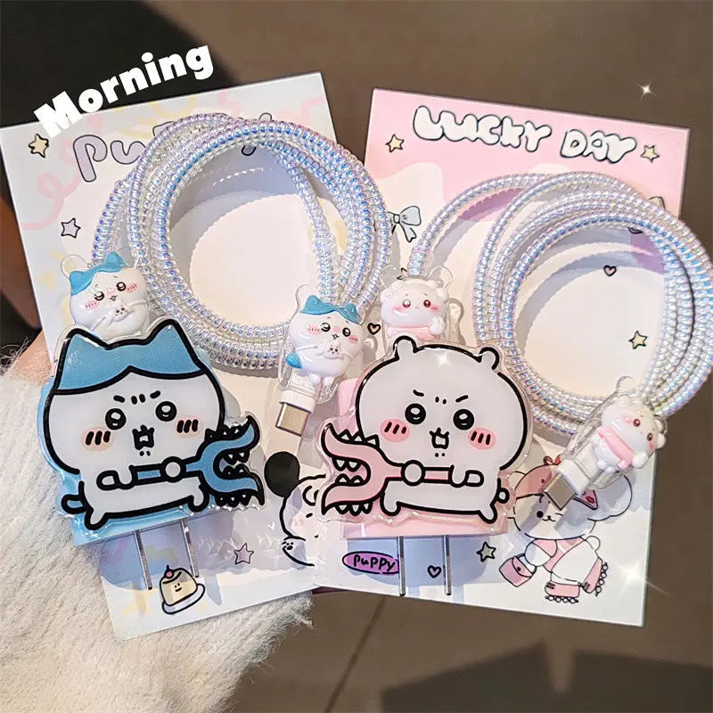 4Pcs/Set Sanrio Chiikawa Cable Protector & Charger Cord Organizer for iPhone 12/13/14/15 – Compatible with 18W/20W Chargers
