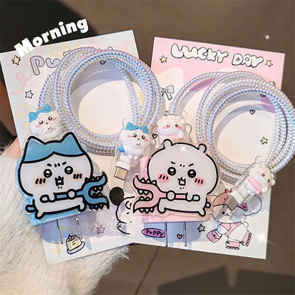 4Pcs/Set Sanrio Chiikawa Cable Protector & Charger Cord Organizer for iPhone 12/13/14/15 – Compatible with 18W/20W Chargers