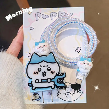 4Pcs/Set Sanrio Chiikawa Cable Protector & Charger Cord Organizer for iPhone 12/13/14/15 – Compatible with 18W/20W Chargers