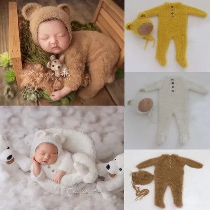 Newborn Bear Romper – Soft Knitted Photography Prop for 0–1 Month Baby Boy or Girl