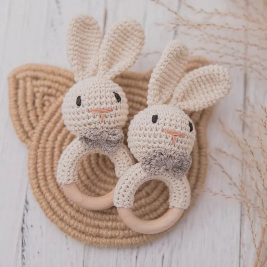 Handmade Baby Crochet Rattle & Natural Wood Teether – BPA Free Baby Toy