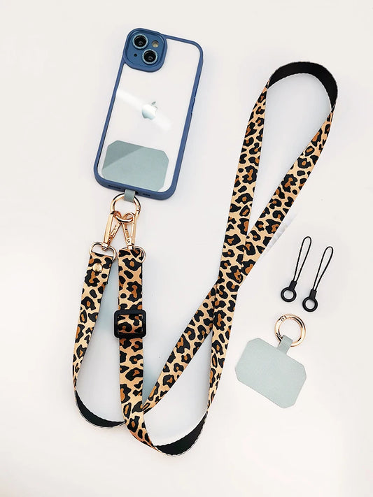 Crossbody Cell Phone Lanyard Strap – Leopard Print Neck Cord with Universal Gasket for All Phone Cases
