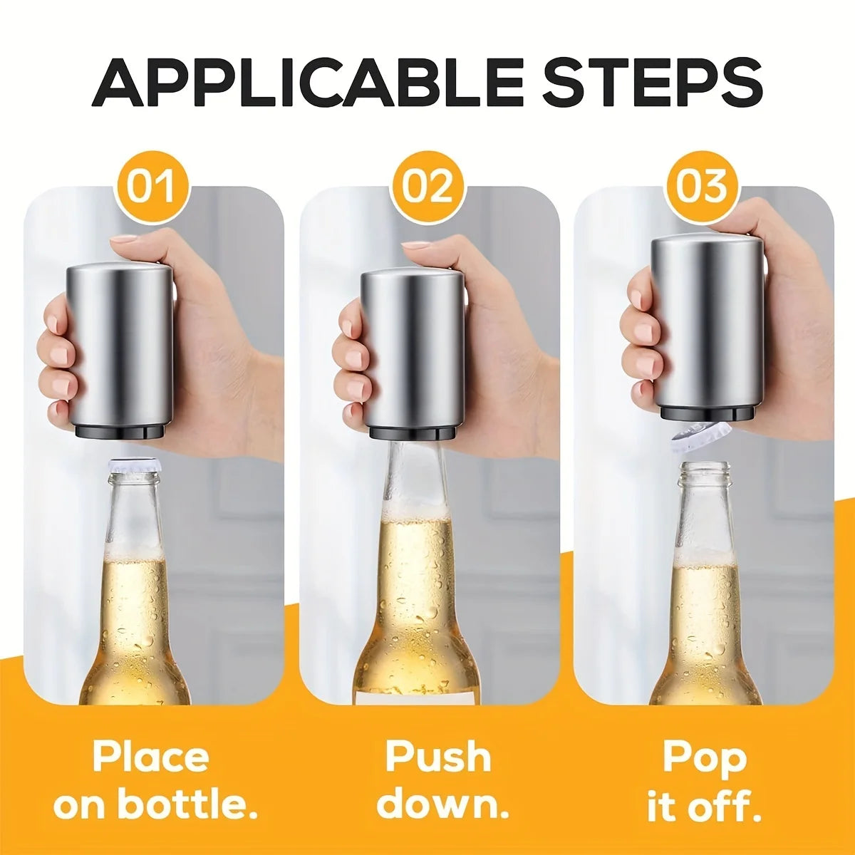 Advanced Beer Bottle Opener, Stainless Steel Semi-automatic Bartender Tool, Press on Lid to Open, Portable, Quick to Open Lid in
