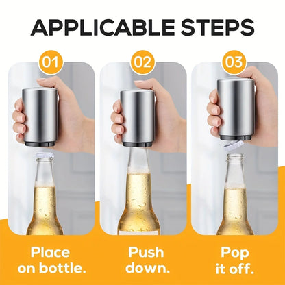 Advanced Beer Bottle Opener, Stainless Steel Semi-automatic Bartender Tool, Press on Lid to Open, Portable, Quick to Open Lid in
